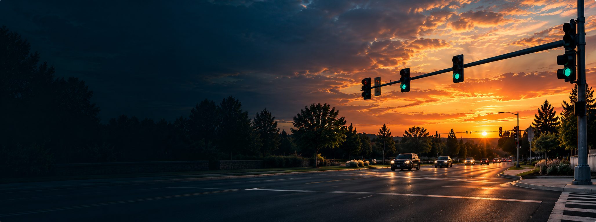 Traffic signals above a roadway at sunset